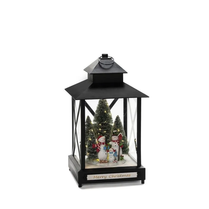 Stor lykt med juletre og snømenn - 42cm
