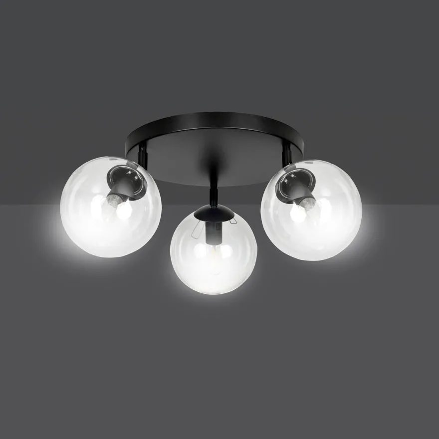 Tofi taklampe rund 3 lys - Svart/Klart glass